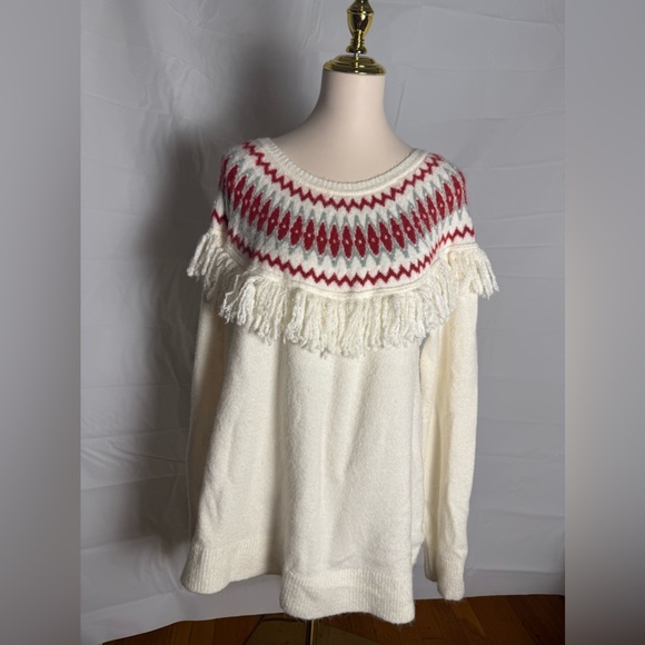 LOFT Cream and Red Crew Neck Sweater with Fringe Detail - Picture 1 of 6